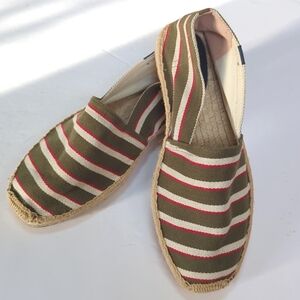 Soludos, Green red and ecru striped men's espadrilles. Size 11.5